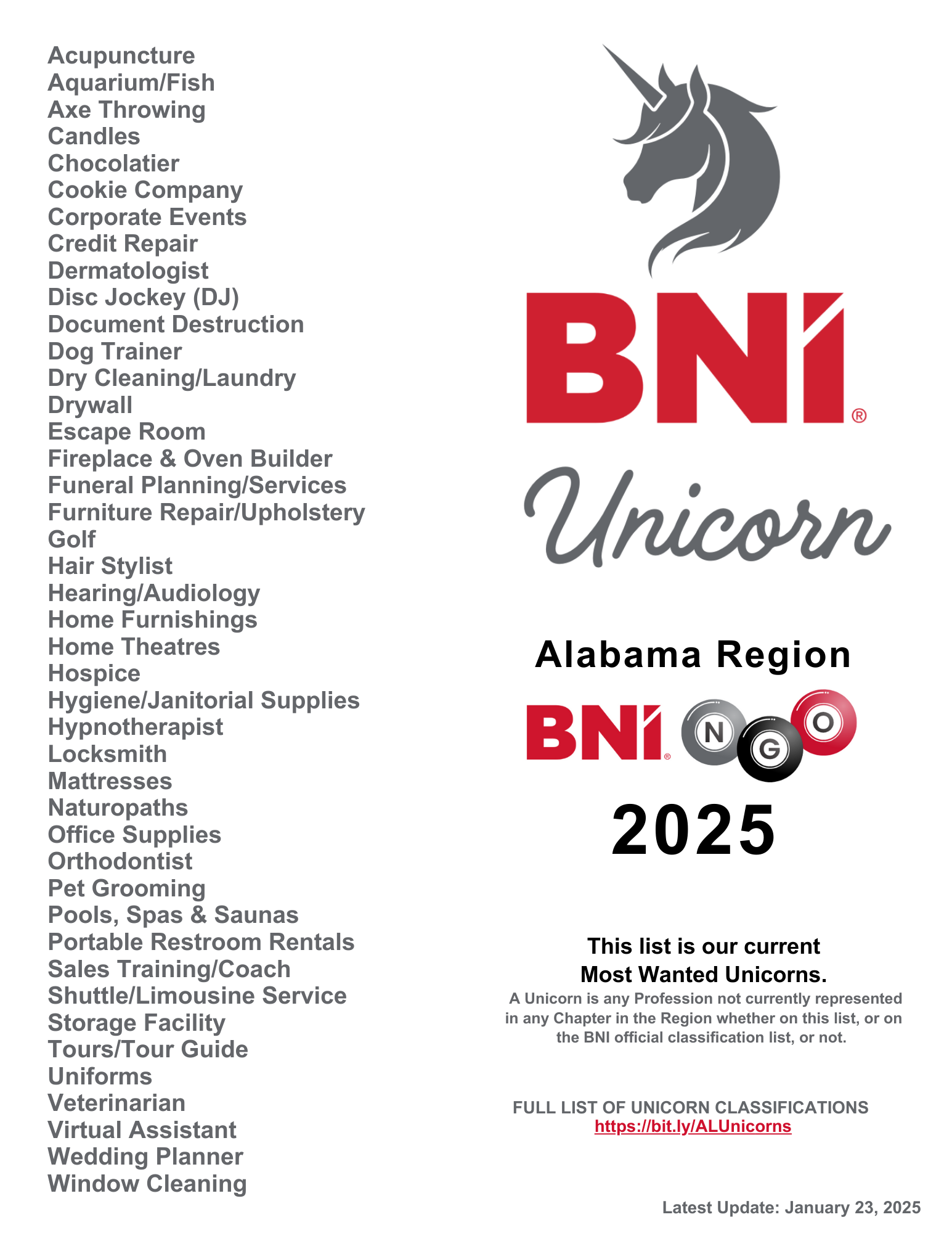 BNIngo 2025 Unicorn Classifications List